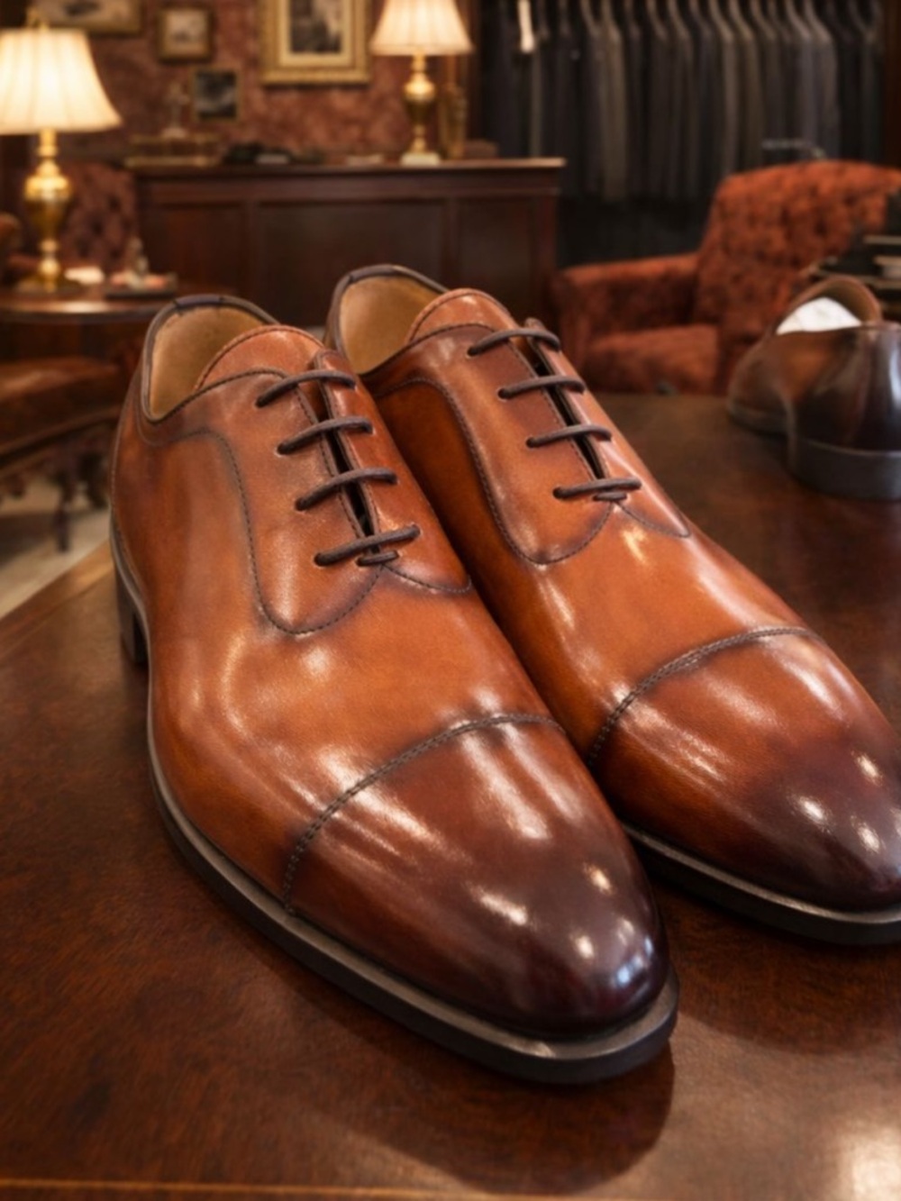 Men's Brown Leather Cap-Toe Oxford Shoes with red leather sole
